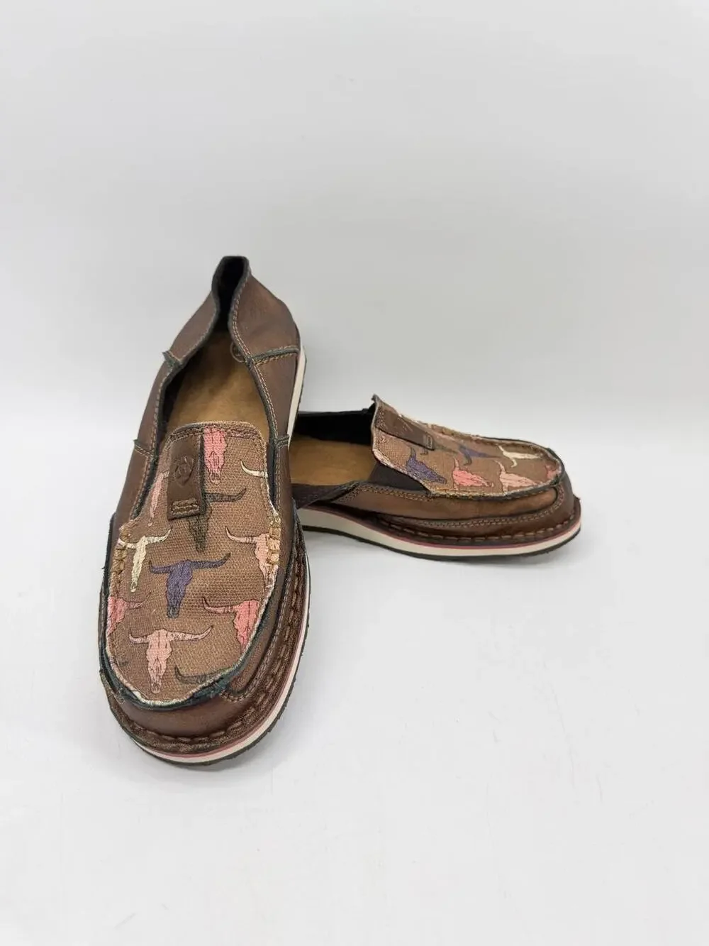 Ariat Cruiser Slip On Shoes Brown Longhorn Print Women's US 9B Leather